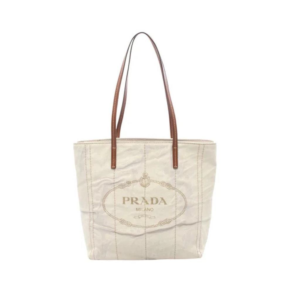 Prada MISTOLINOVITEL Tote Bag Canvas Leather Ivory White Brown